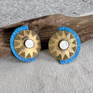 Artisan Southwest Moonstone Blue Patina Brass Sun Fan Disc Ethnic Round Earrings